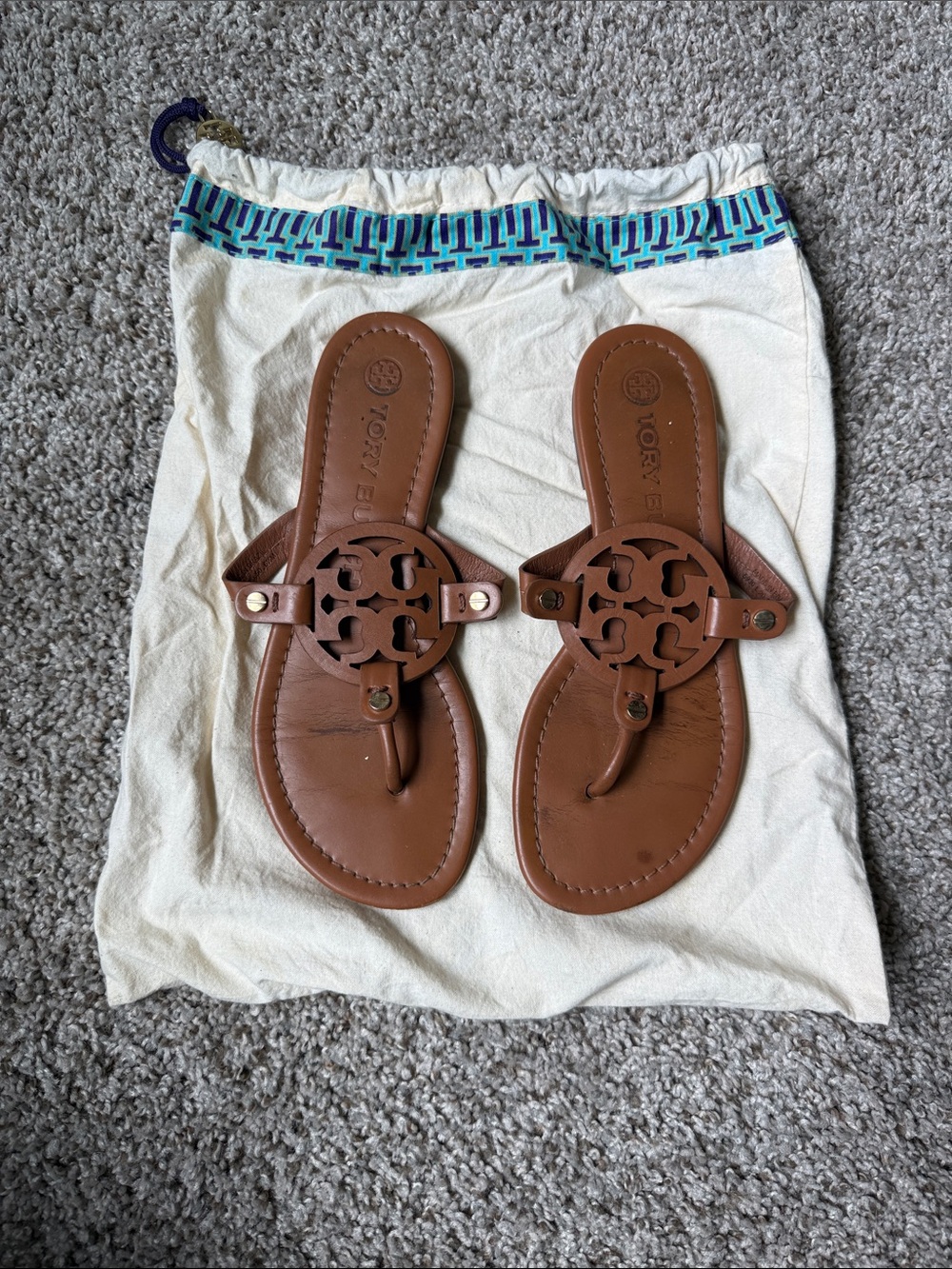 Tory Burch Brown Leather Logo Thong Sandals